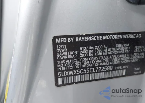 2012 BMW X3 xDrive28I из США, поврежденный, VIN 5UXWX5C55CL722589